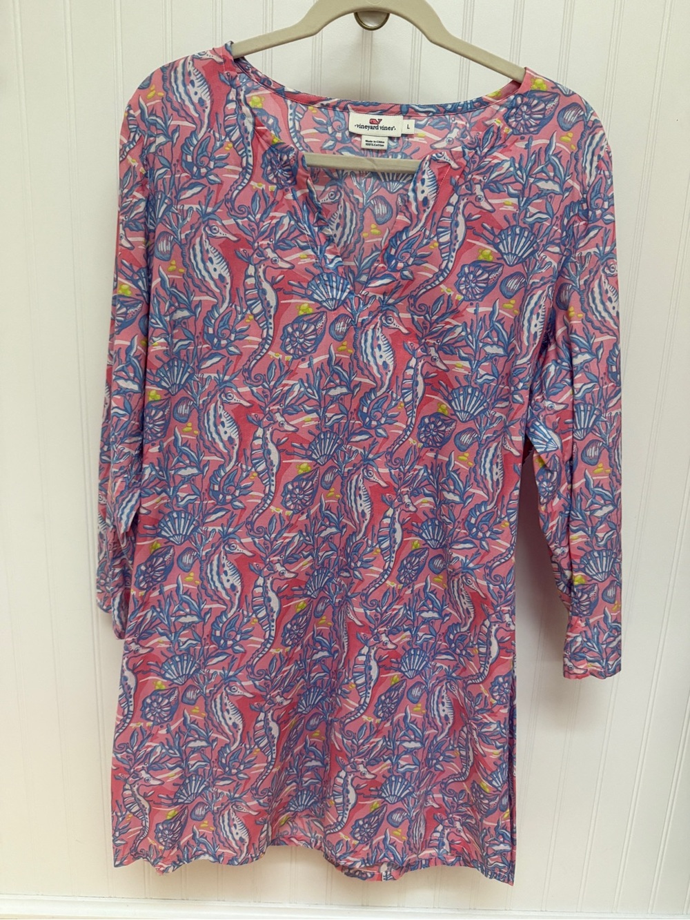 Vineyard Vines Sea Horse Tunic Shift Dress Sz Lg Cover Up Long Sleeve Pink Blue